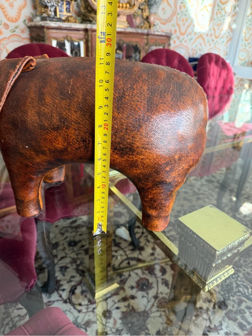 Vintage-Style Brown Leather Pig Accent - Home Dining Decor